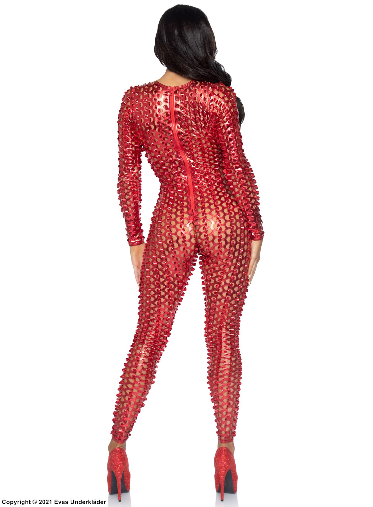 Kostüm-Catsuit, Metallic-Nylon, Reißverschluss, lange Ärmel, lasergeschnittene Kreise